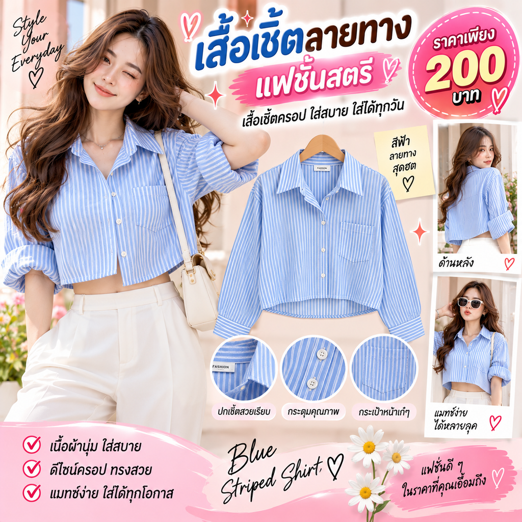 เสื้อเชิ้ตลายทางแฟชั่นสตรี สีฟ้า เสื้อเชิ้ตครอป