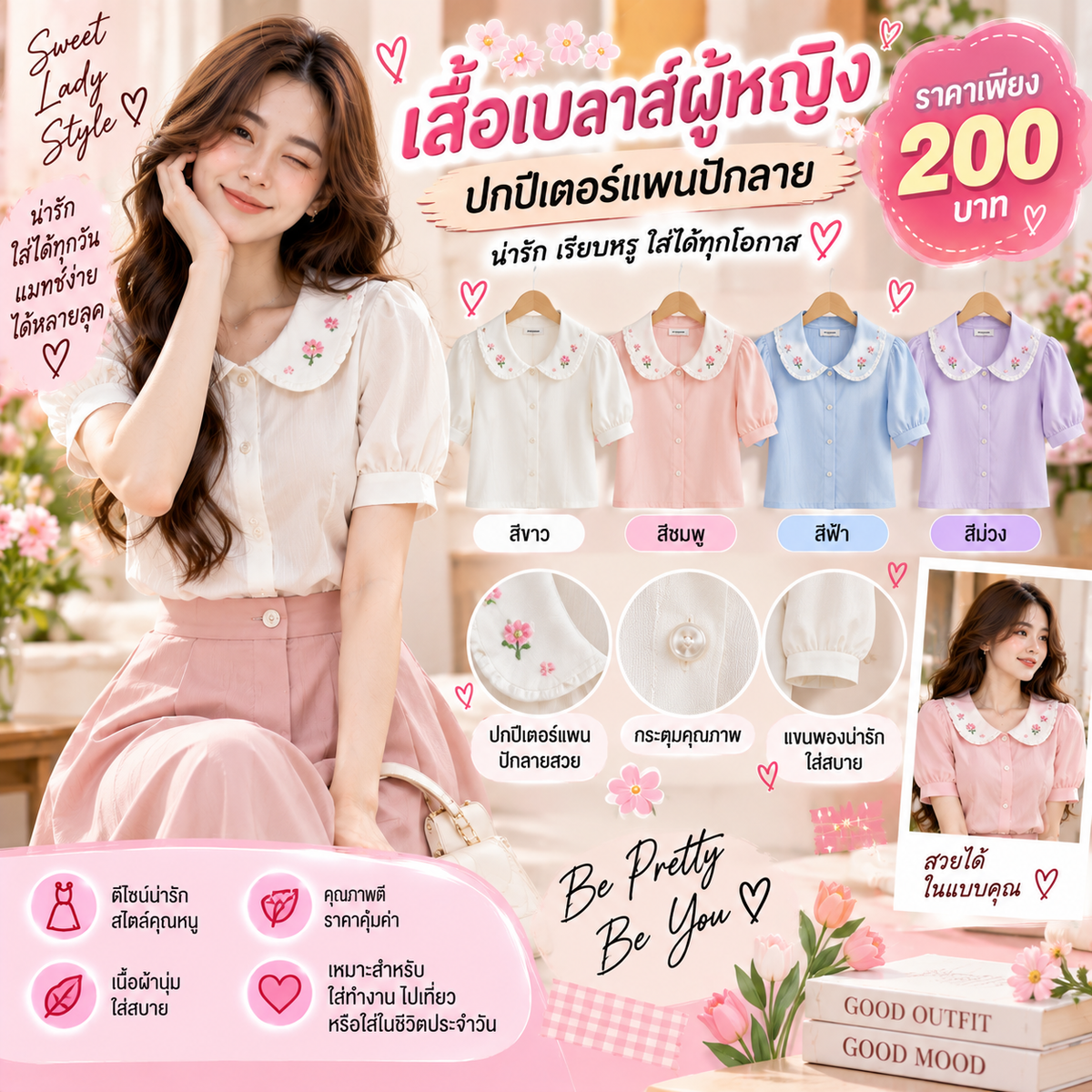 เสื้อเบลาส์ผู้หญิงปกปีเตอร์แพนปักลาย