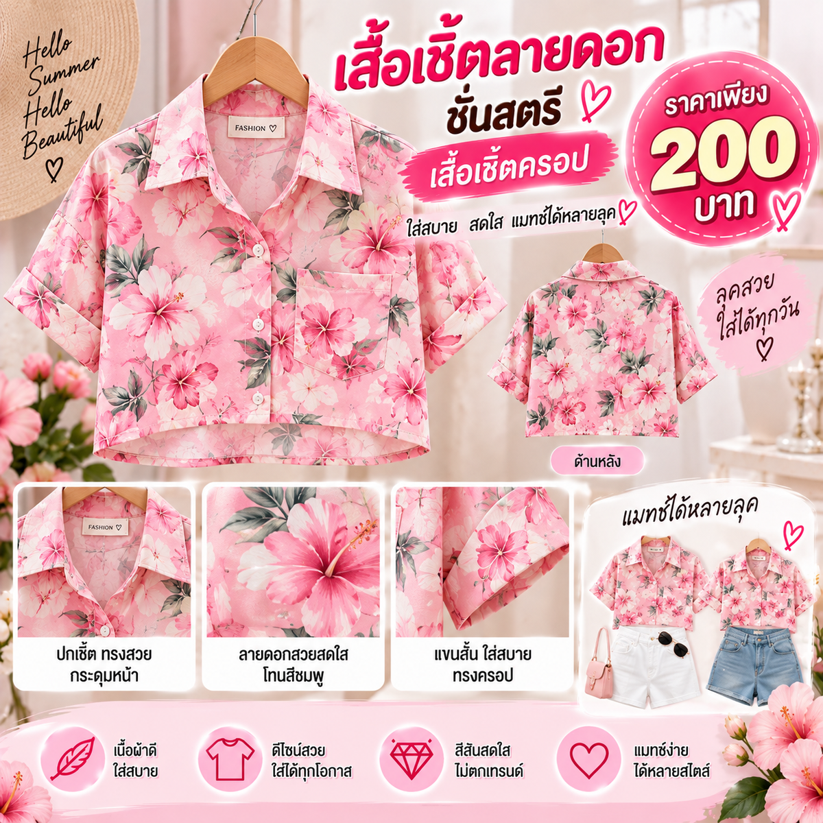 เสื้อเชิ้ตลายดอกชั่นสตรี สีชมพู เสื้อเชิ้ตครอป